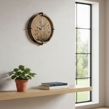Drewniany zegar ścienny trawa łąkowa dąb