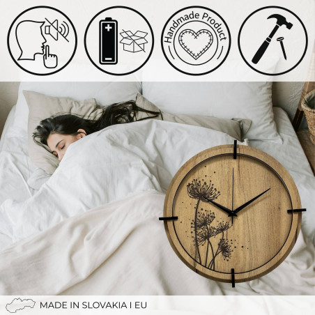 Designerski zegar z płyty HDF, cichy, z motywem łąki.