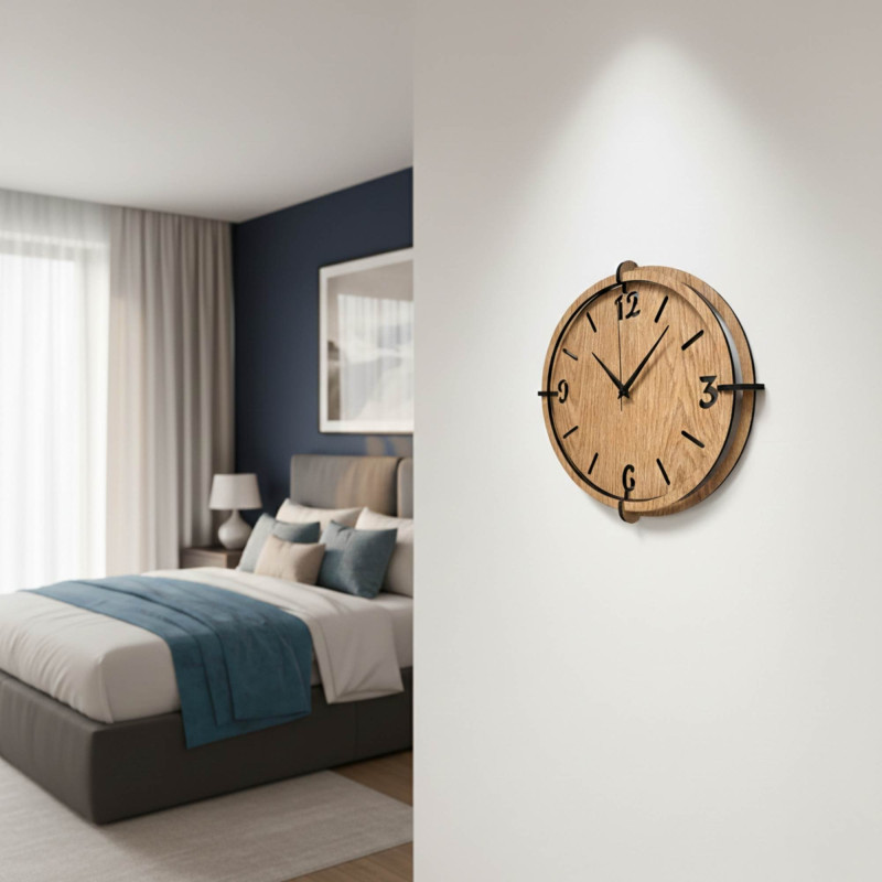 Stylowy zegar dębowy – minimalistyczny design i kontrastujące czarne detale
