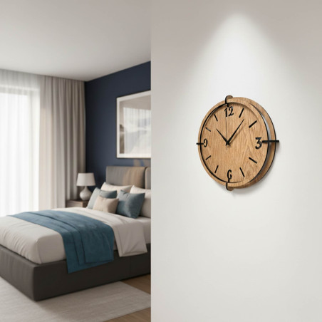 Stylowy zegar dębowy – minimalistyczny design i kontrastujące czarne detale