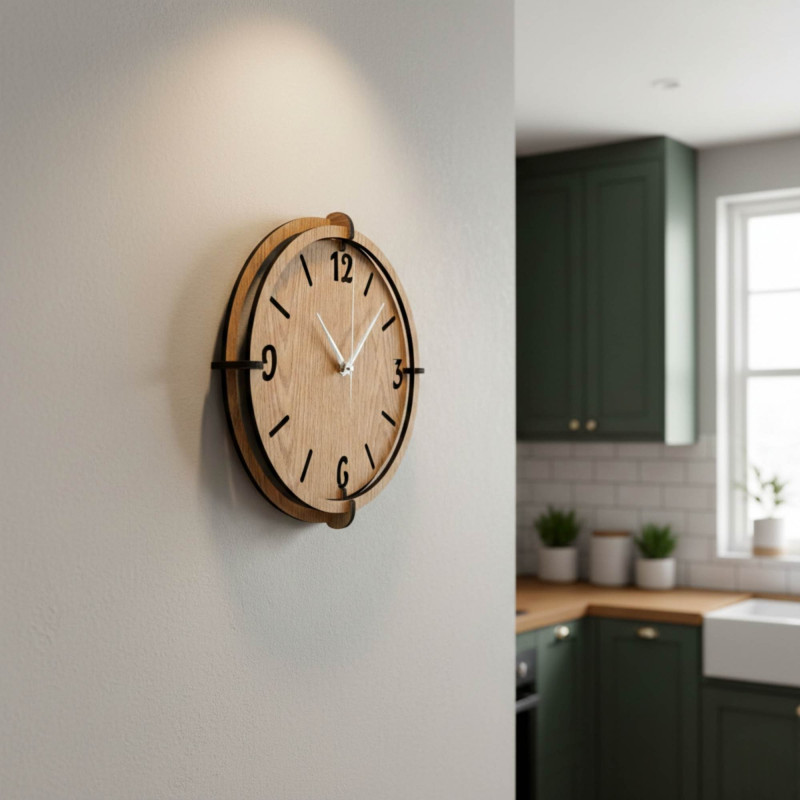 Stylowy zegar dębowy – minimalistyczny design i kontrastujące czarne detale