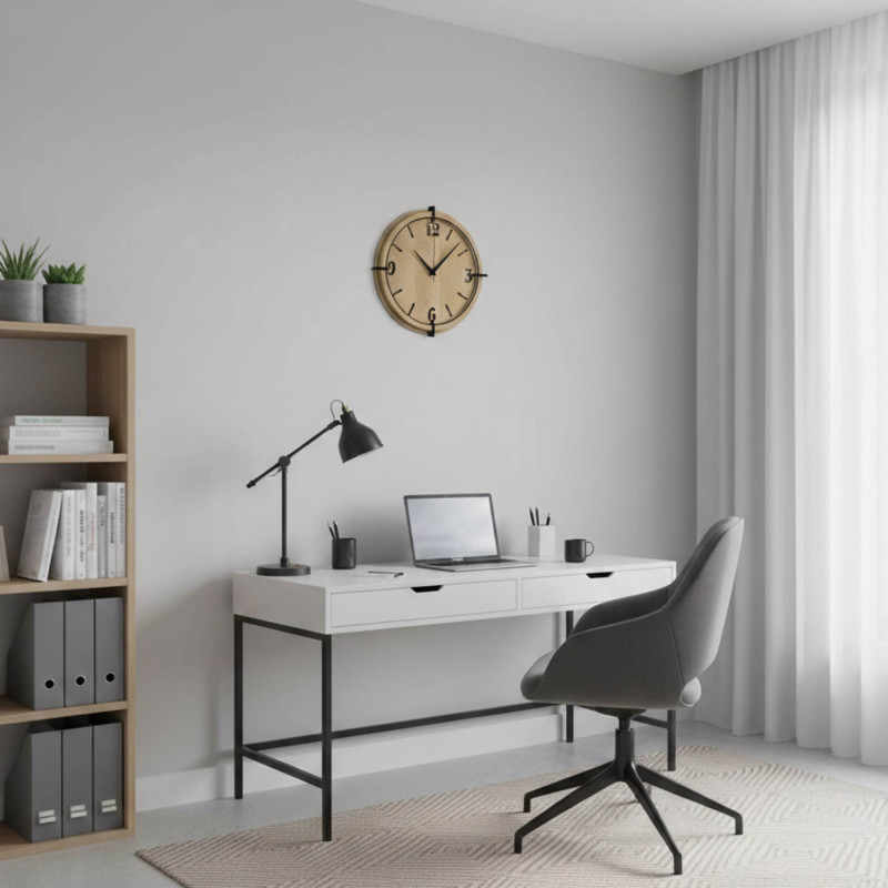 Elegancki zegar ścienny z cyframi 3D, naturalnym usłojeniem drewna i nowoczesnym wyglądem.