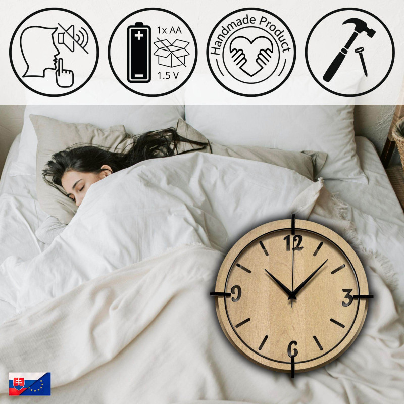 Elegancki zegar ścienny z cyframi 3D, naturalnym usłojeniem drewna i nowoczesnym wyglądem.