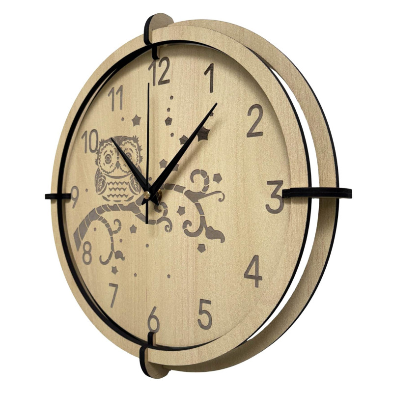 Zegar dziecięcy w kształcie sowy z klonu - cichy, wesoły, idealny do pokoju dziecięcego.