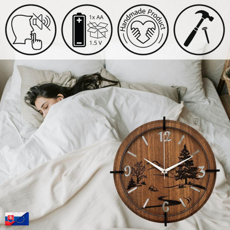 Nowoczesny zegar ścienny z panoramą lasu. Cicha praca i wyjątkowy design do Twojego wnętrza.