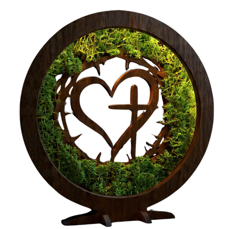 Lampa LED z mchem, sercem i krzyżem | Orzech Wenge