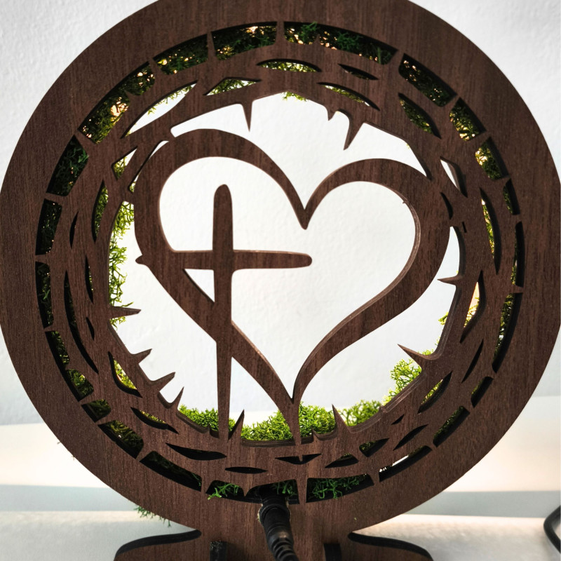 Lampa LED z mchem, sercem i krzyżem | Orzech Wenge