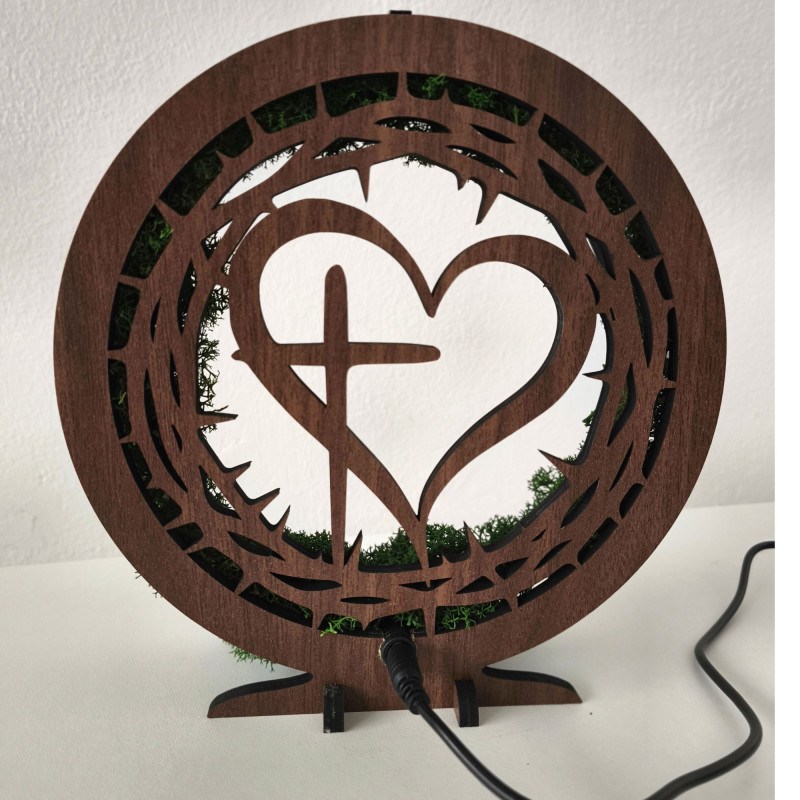 Lampa LED z mchem, sercem i krzyżem | Orzech Wenge