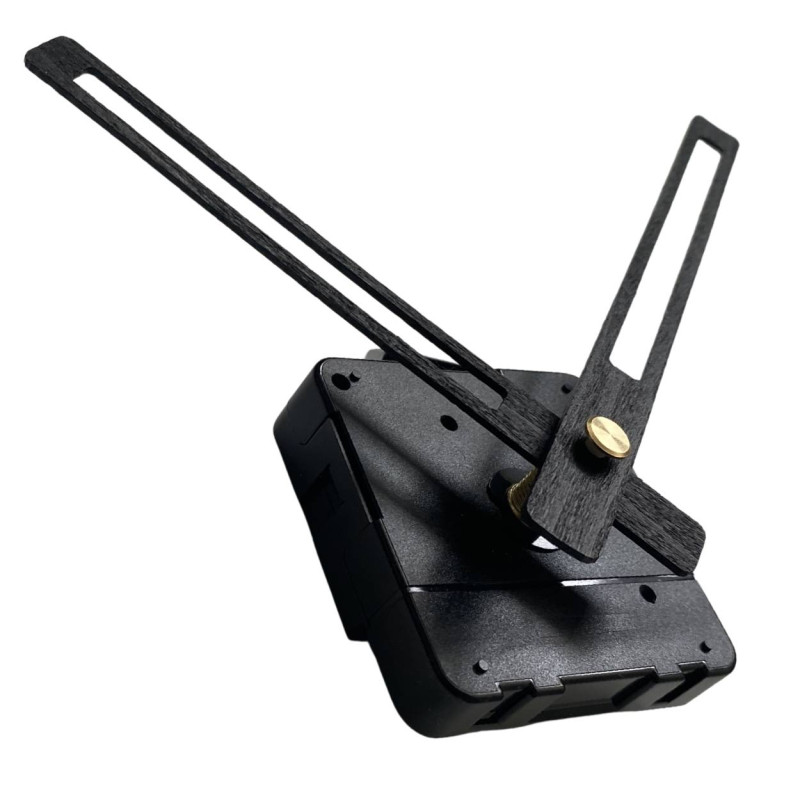 Czarne drewniane wskazówki zegara z płynnie działającym, cichym mechanizmem kwarcowym.