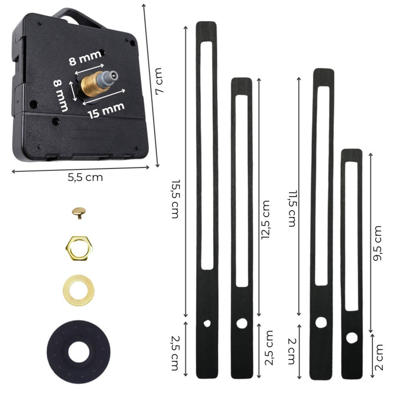 Większe i mniejsze czarne wskazówki zegarowe do samodzielnego wykonania zegarów i dekoracji.