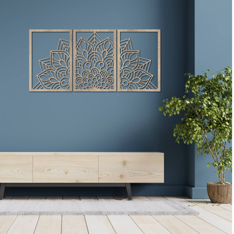 Ożyw swoje ściany trzyczęściową mandalą i zegarem z płyty HDF. Elegancja w każdym calu.