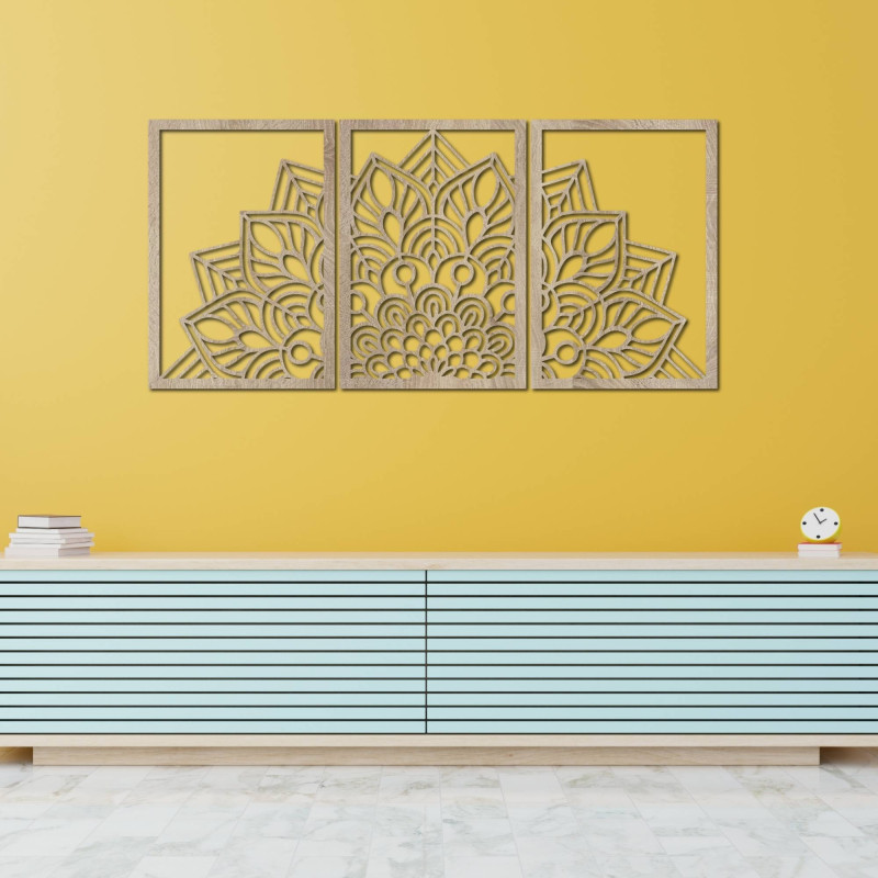 Ożyw swoje ściany trzyczęściową mandalą i zegarem z płyty HDF. Elegancja w każdym calu.