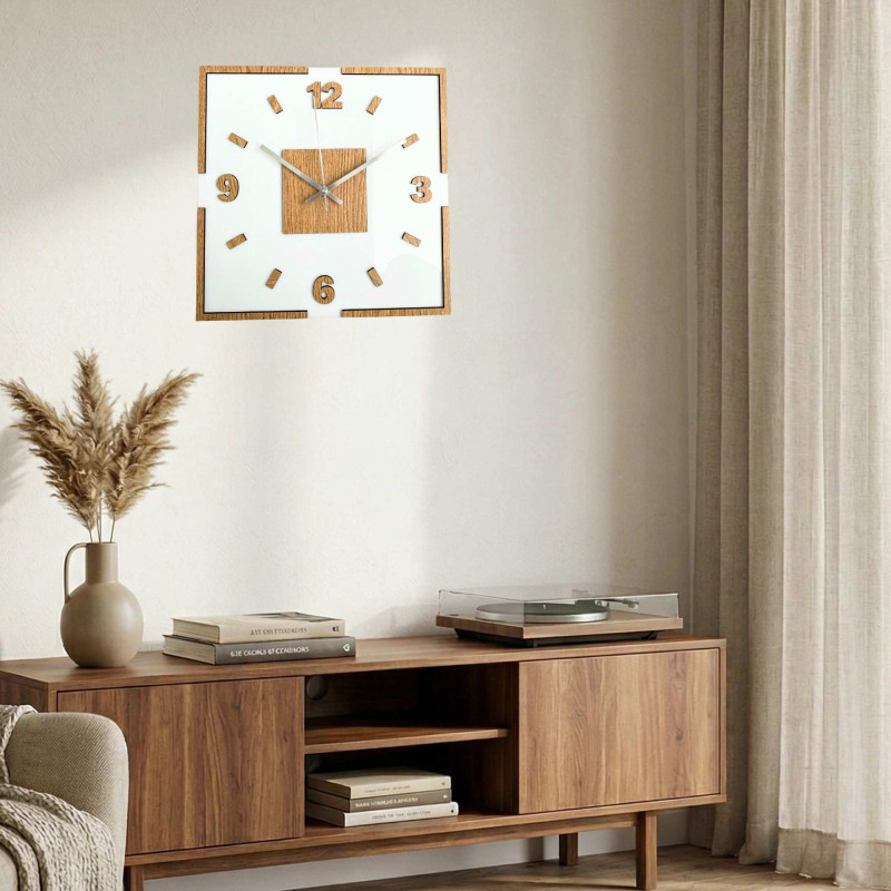 Zegar ścienny biały akrylowy z dekoracją dębową...