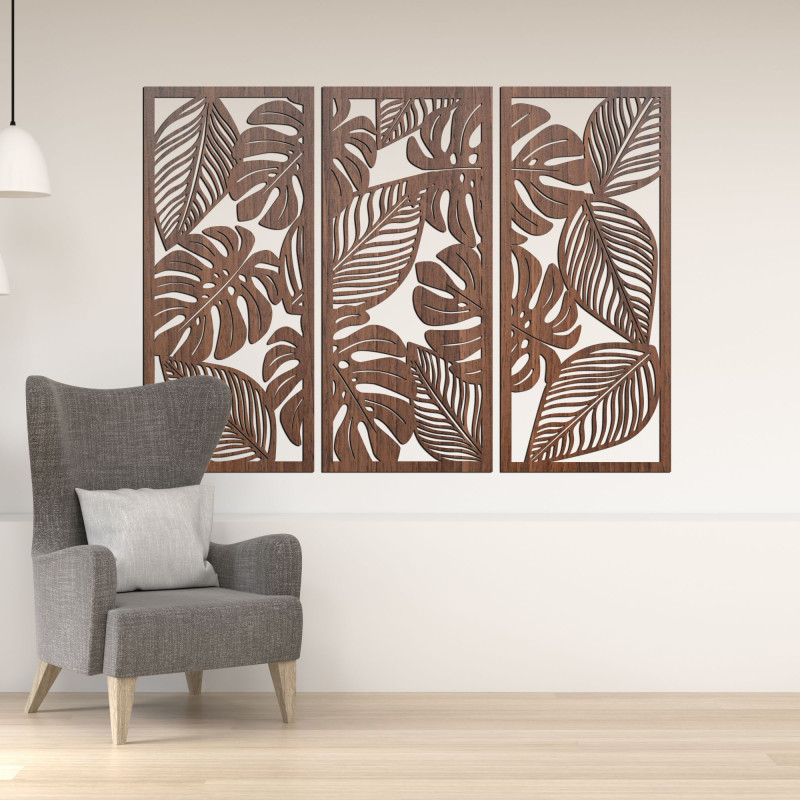 Ciesz się naturalną harmonią z naszą trzyczęściową drewnianą grafiką ścienną Monstera.