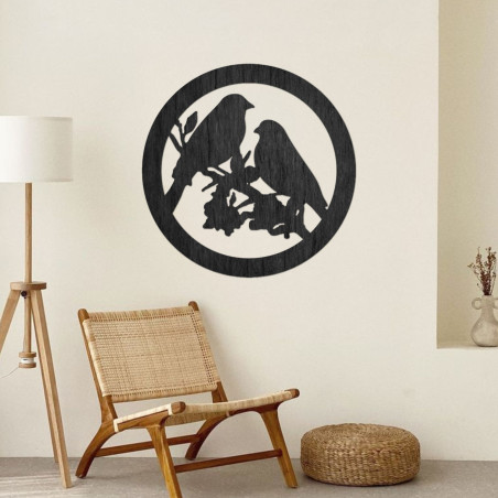 Malowidło ścienne z drewna przedstawiające ptaki na gałęzi - BIERDO