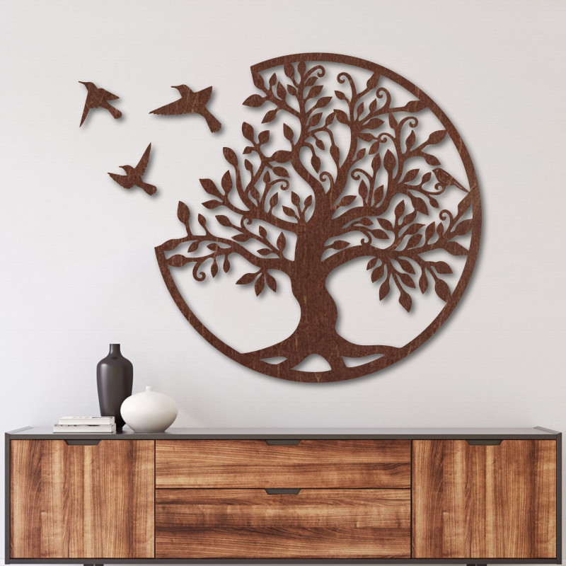 Drewniana dekoracja ścienna - Drzewo życia z trzema latającymi ptakami