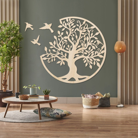 Drewniana dekoracja ścienna - Drzewo życia z trzema latającymi ptakami