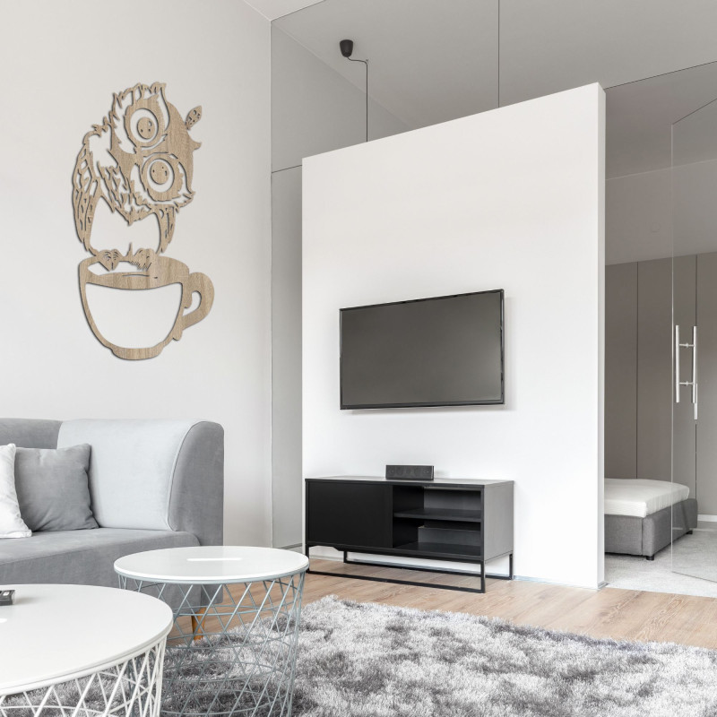 Uroczy drewniany obraz ścienny przedstawiający sowę w filiżance | Sowa