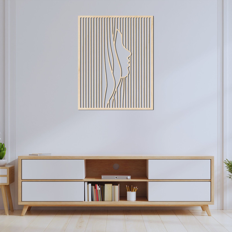 Drewniana dekoracja ścienna z sylwetką twarzy kobiety