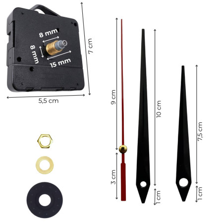 Czarne, spiczaste aluminiowe wskazówki zegara z czerwoną wskazówką sekundową 11 / 8,5 cm