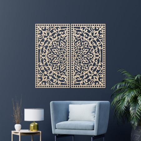 Drewniana mandala 3D na ścianę – rzeźbiony dyptyk w stylu boho