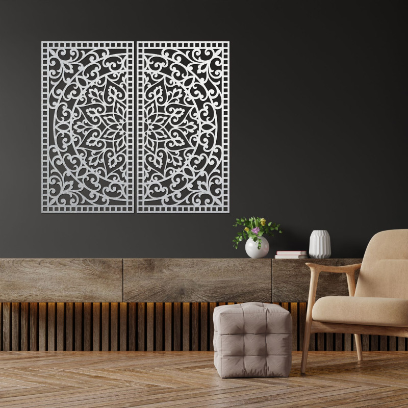 Drewniana mandala 3D na ścianę – rzeźbiony dyptyk w stylu boho