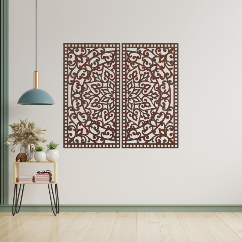 Drewniana mandala 3D na ścianę – rzeźbiony dyptyk w stylu boho
