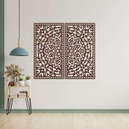 Drewniana mandala 3D na ścianę – rzeźbiony dyptyk w stylu boho