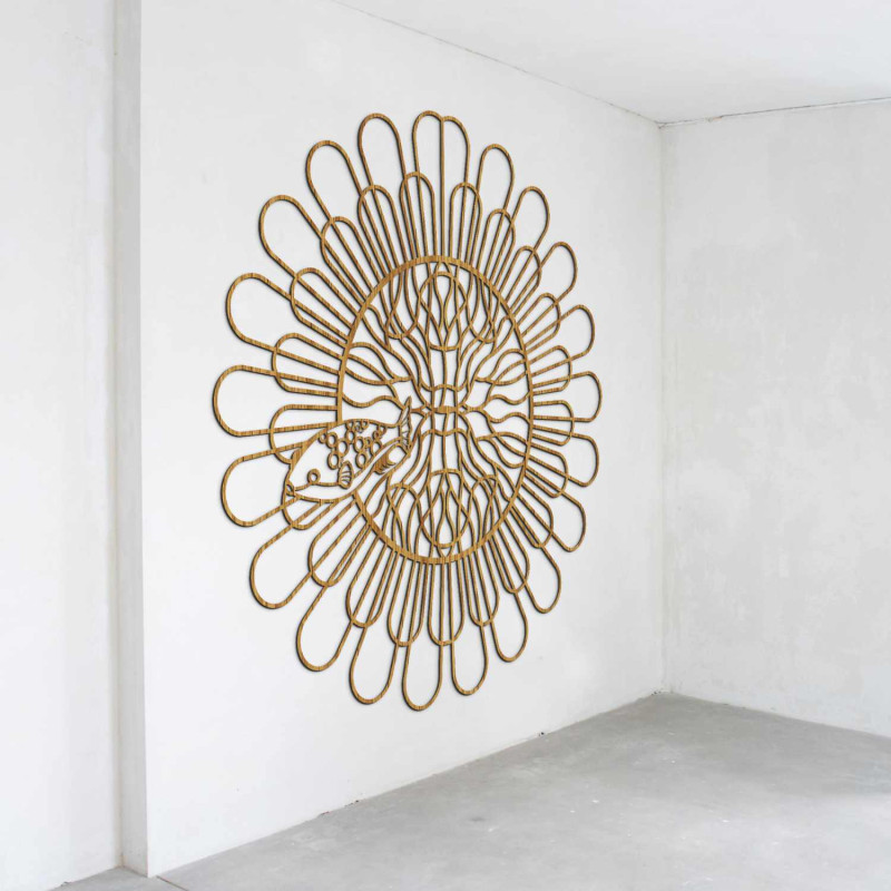 Rzeźbiony obraz 3D mandali ryby z czterema zębami wykonany z czarnej płyty HDF