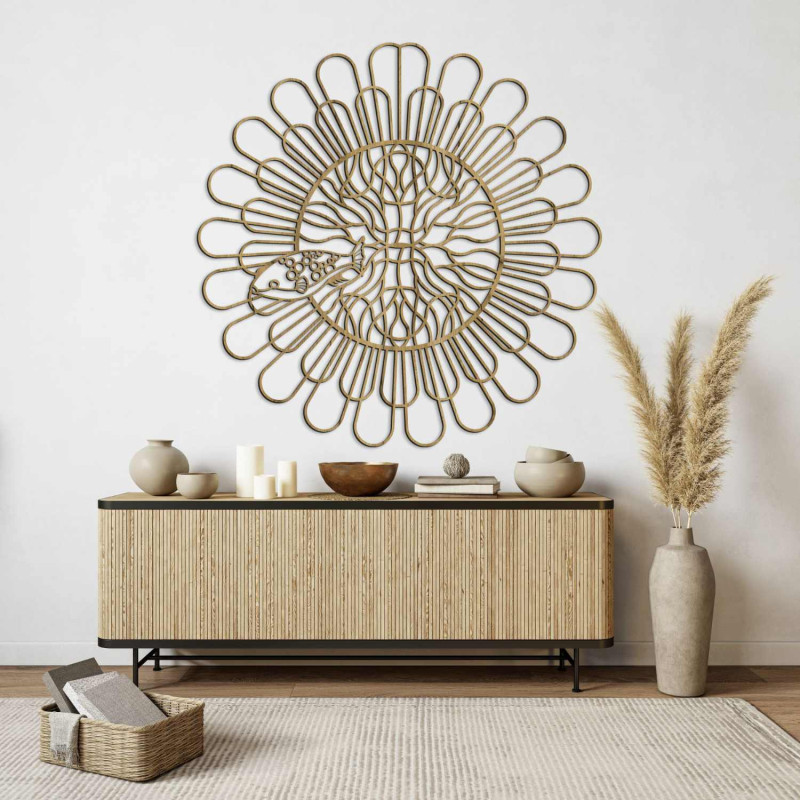 Rzeźbiony obraz 3D mandali ryby z czterema zębami wykonany z czarnej płyty HDF