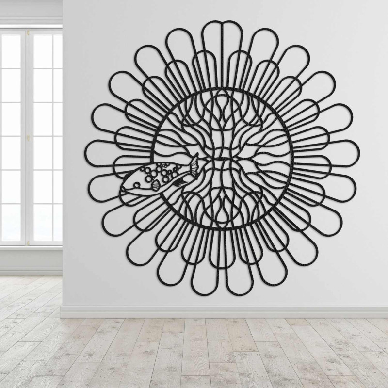 Rzeźbiony obraz 3D mandali ryby z czterema zębami wykonany z czarnej płyty HDF