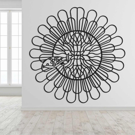 Rzeźbiony obraz 3D mandali ryby z czterema zębami wykonany z czarnej płyty HDF