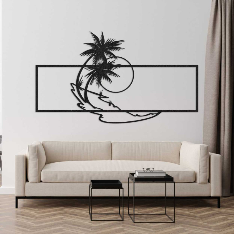 Obraz dekoracyjny z motywem plaży i palm wnosi do wnętrza świeżość i prostą elegancję.