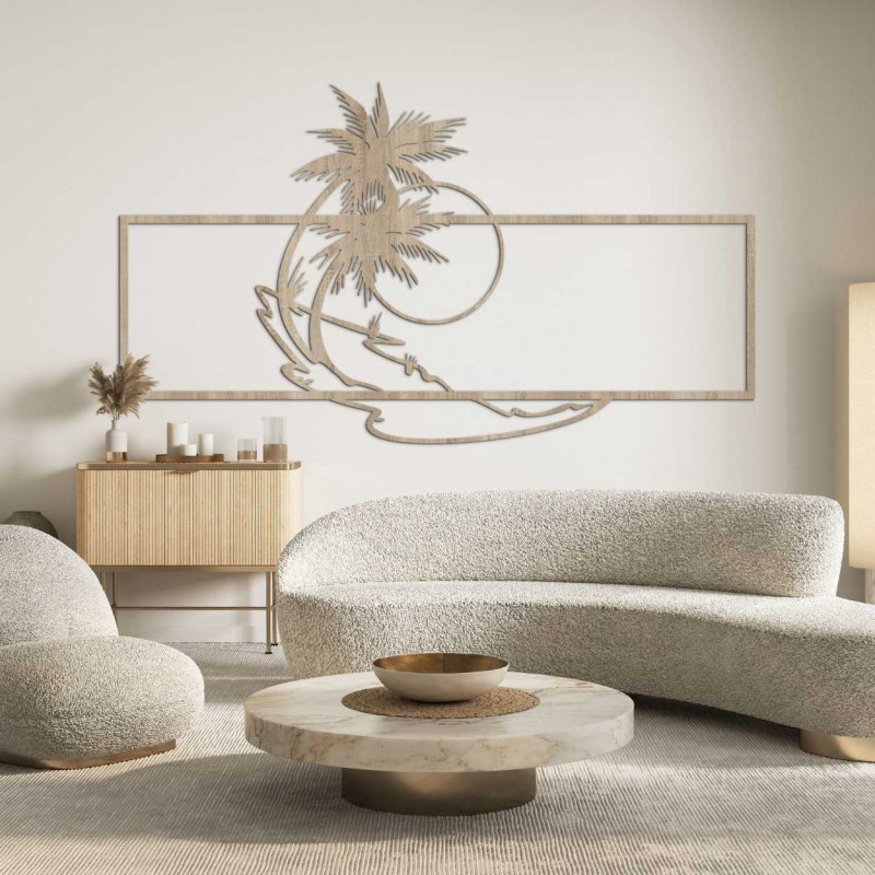 Dekoracyjny drewniany obraz z motywem plaży i palmy do nowoczesnego wnętrza