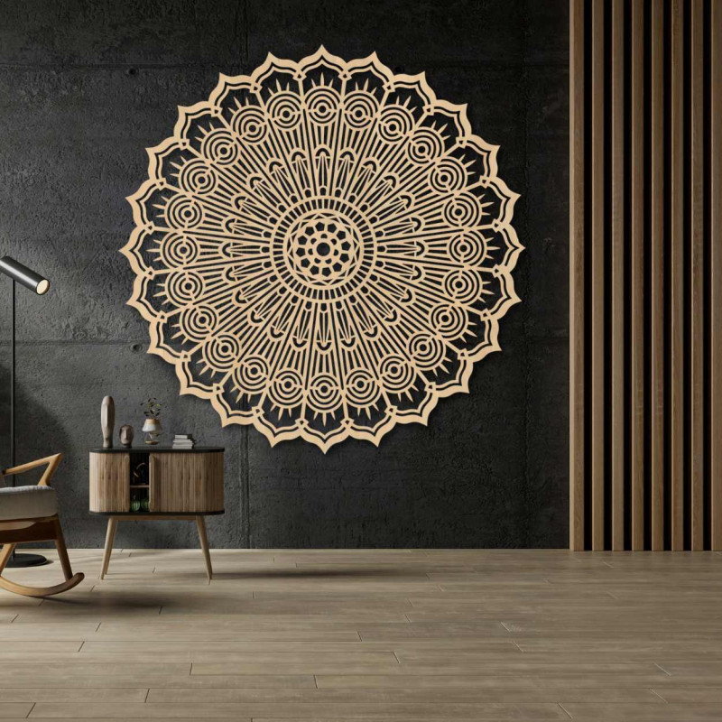Brązowa rzeźbiona mandala, okrągły drewniany panel. Geometryczna sztuka i ozdobna dekoracja domu.