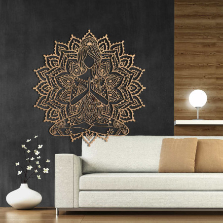 Designerska drewniana mandala z motywem jogi - trójwymiarowa dekoracja ścienna do salonu o harmonijnym efekcie.