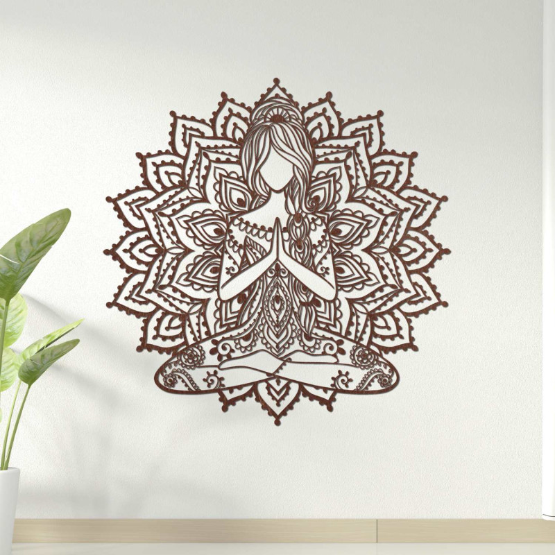 Designerska drewniana mandala z motywem jogi - trójwymiarowa dekoracja ścienna do salonu o harmonijnym efekcie.