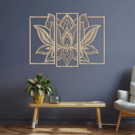 Trzyczęściowy obraz lotosu - designerska drewniana dekoracja ścienna