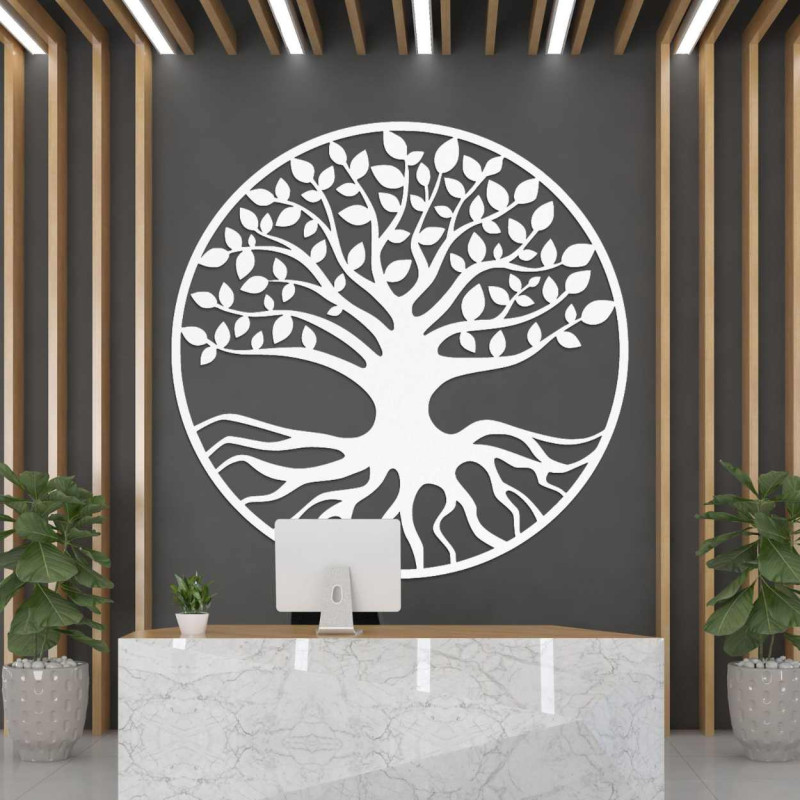Designerskie drewniane drzewo życia ze szczegółowymi korzeniami i liśćmi