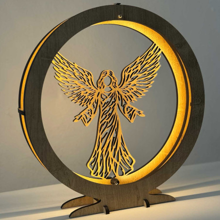 Elegancka drewniana lampa LED w kształcie anioła z ciepłym podświetleniem