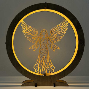 Elegancka drewniana lampa LED w kształcie anioła z ciepłym podświetleniem