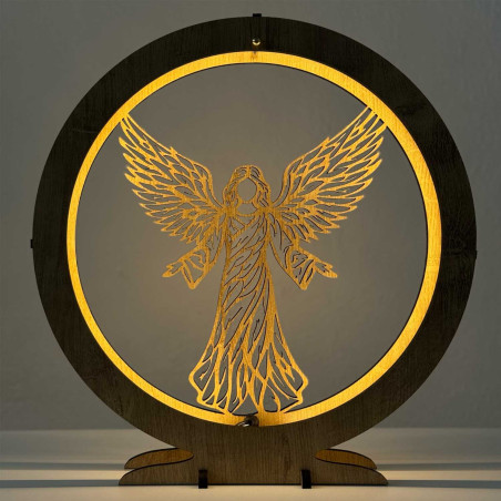 Elegancka drewniana lampa LED w kształcie anioła z ciepłym podświetleniem