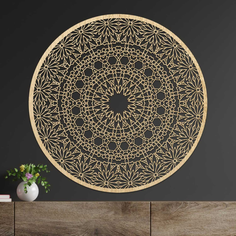 Designerska mandala na ścianie z precyzyjnym geometrycznym wzorem
