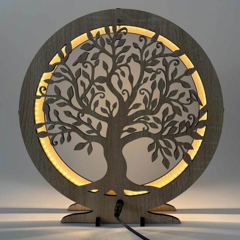 Lampa LED Drzewo Życia z drewna z ciepłym podświetleniem na stół