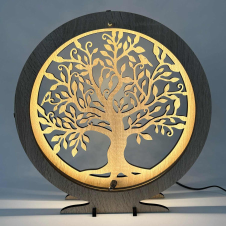 Lampa LED Drzewo Życia z drewna z ciepłym podświetleniem na stół