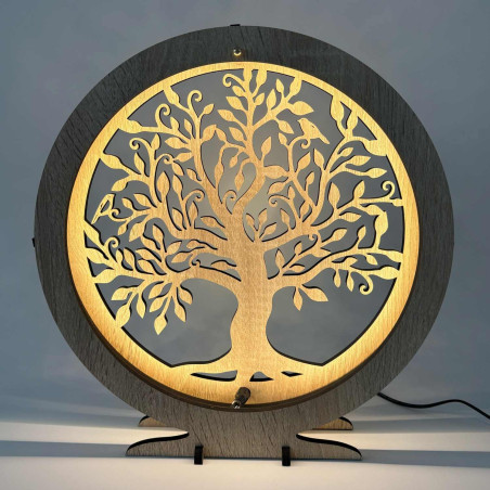 Lampa LED Drzewo Życia z drewna z ciepłym podświetleniem na stół