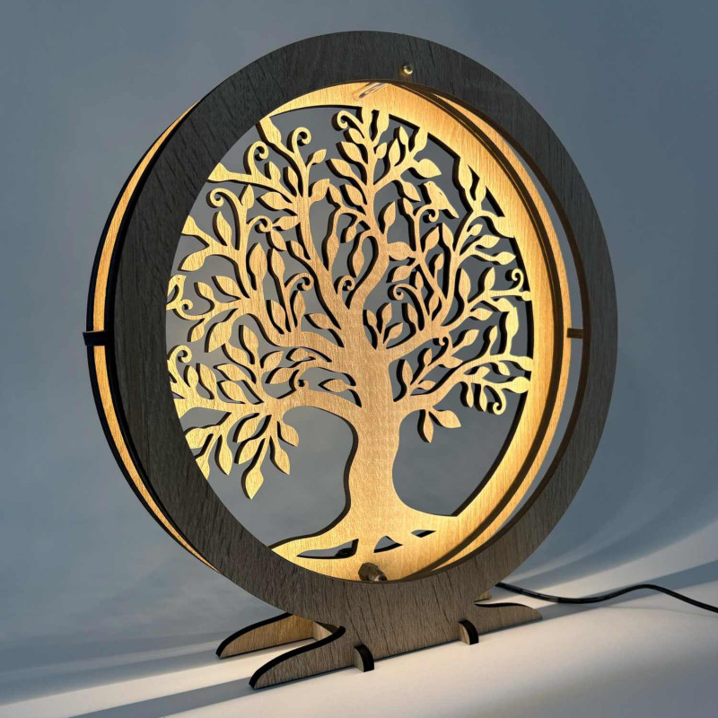 Lampa LED Drzewo Życia z drewna z ciepłym podświetleniem na stół