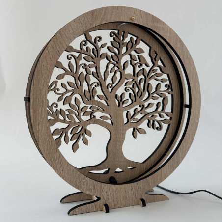 Lampa LED Drzewo Życia z drewna z ciepłym podświetleniem na stół