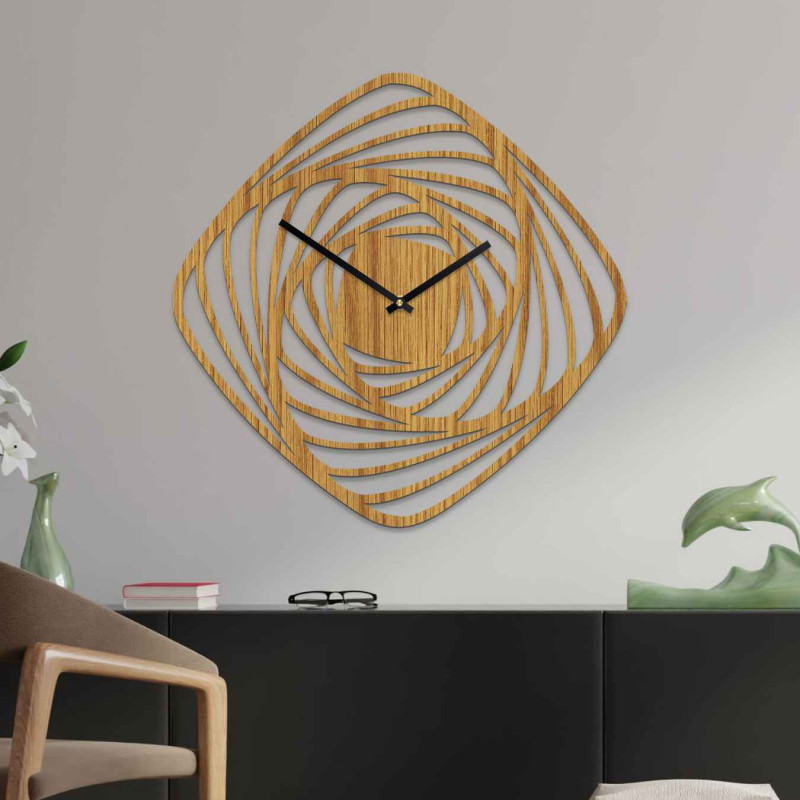 Designerski drewniany zegar ścienny z abstrakcyjnym motywem spirali i cichym mechanizmem