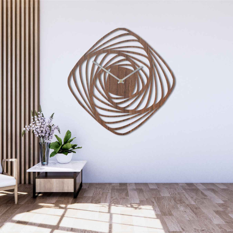 Nowoczesny drewniany zegar ścienny z geometrycznym spiralnym wzorem i dekoracją w kolorze złotego dębu.